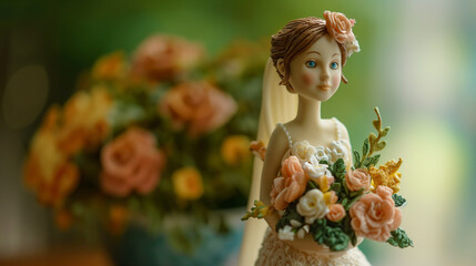 Noiva segurando um buque de flores feito de massinha de modelar - obrazy, fototapety, plakaty