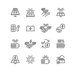 Set of solar panel related icons, alternative electricity source, solar panel plant, renewable power supply system, sustainable energy, panel installation, roof panel and linear variety vectors.