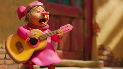 Mulher cantando vestindo roupas rosas e com um violão -  feito de massinha de modelar - obrazy, fototapety, plakaty