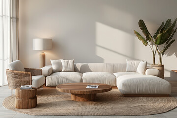 Fototapeta na wymiar A cozy living room setup with a modern beige sofa and a matching floor lamp, casting soft light on a plain wall..