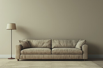 A cozy living room setup with a modern beige sofa and a matching floor lamp, casting soft light on a plain wall..