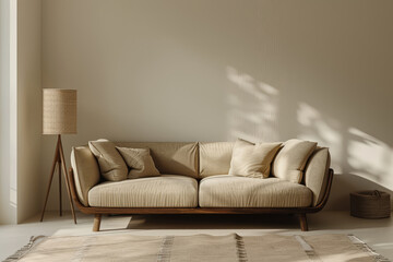 A cozy living room setup with a modern beige sofa and a matching floor lamp, casting soft light on a plain wall..