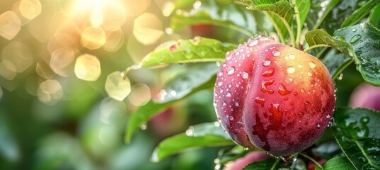 Obraz premium Macro close up of juicy peach on tree with dew drops, ideal wide banner with space for text