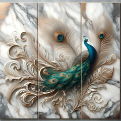 3d illustration, panel wall art, with feather and peacock, room decoration, wall mockup decor pattern with marble background - Generative AI	