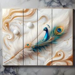 3d illustration, panel wall art, with feather and peacock, room decoration, wall mockup decor pattern with marble background - Generative AI	