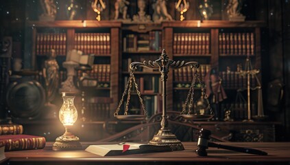 A photo of an old wooden gavel and scale on a desk. Generate AI image - obrazy, fototapety, plakaty