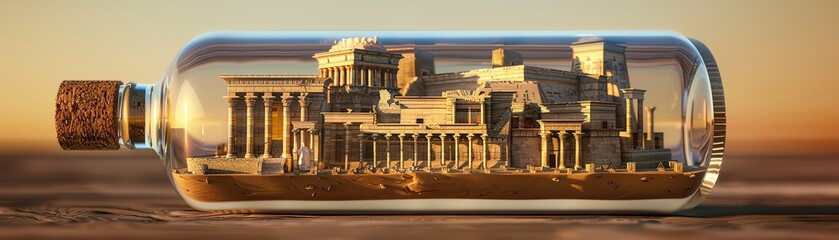 Ancient buildings contained within a glass bottle, whimsical, detailed miniature,  - obrazy, fototapety, plakaty