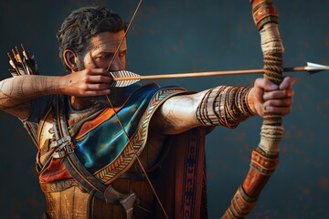 Artistic depiction of an archer from the Early Iron Age, dynamic pose, historically accurate attire,  - obrazy, fototapety, plakaty