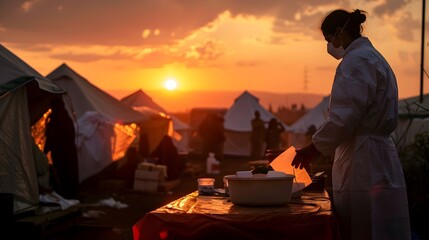 Healthcare Professional Distributing Medicine at Sunset in a Refugee Camp