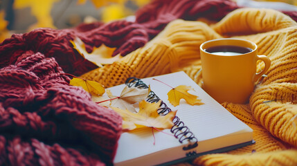 Autumn home cozy composition with yellow and burgundy blankets cup of coffee red and yellow leaves and notebook with copy space Fall season template for feminine blog social media : Generative AI - obrazy, fototapety, plakaty