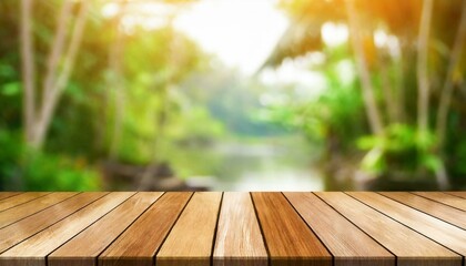Calming Presence: Wood Table with Subtle Nature Background Blur