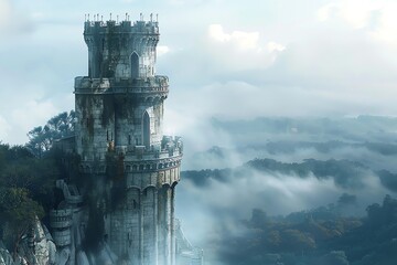 High castle tower, majestic structure, looming over misty landscape,  - obrazy, fototapety, plakaty