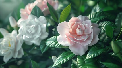 Gardenia and peony blooms, lush and fragrant, soft focus, natural light,