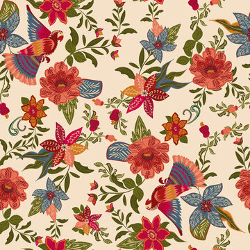Tropical Seamless Pattern with flowers, arara, tucano, palms, leaves, colorful, brazilian style, 
