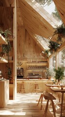 A restaurant with wooden floors and a lot of plants