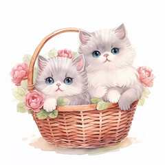 Two kitten in basket with flowers, water color style
