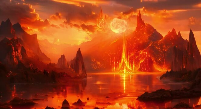 molten lava landscape with a moon and lake of fire