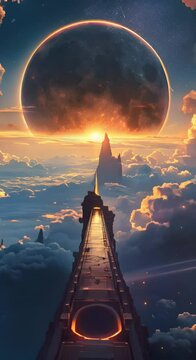 A digital painting of a bridge in the sky with a large moon in the background.