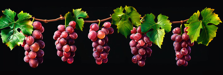 Vibrant red grapes on vine with green leaves, black background, isolated.