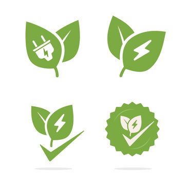 Green eco energy label sticker icon, sustainable electric renewable logo with lightning bolt tag graphic illustration set, natural resources tech power sign symbol image clipart modern design