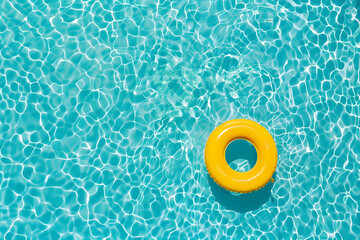 Aerial view of swimming pool transparent turquoise water. Yellow pool float, ring floating. - obrazy, fototapety, plakaty