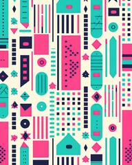 A vibrant retro futuristic pattern featuring a variety of geometric shapes and lines in a playful and colorful composition.
