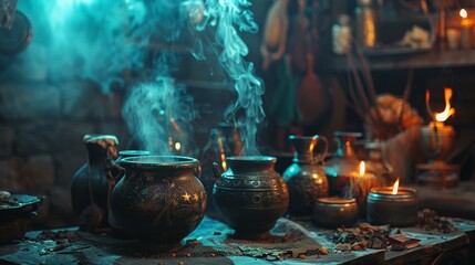 Witches brewing potions, dim cavern light. - obrazy, fototapety, plakaty