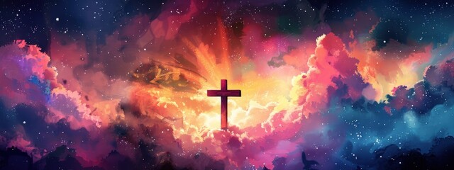Easter illustration of the cross in front of clouds. Generate AI image - obrazy, fototapety, plakaty