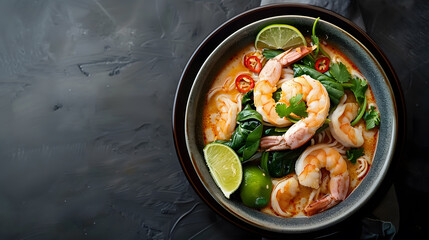 Laksa Shrimp bowl glass noodle dish top view copy space Asian Malaysian food with shrimps bok choy...
