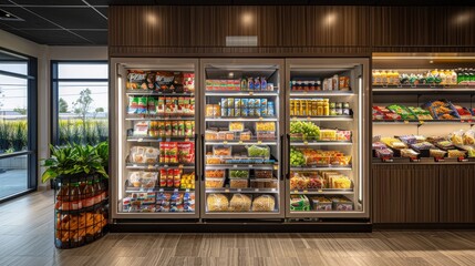 A supermarket store with a lot of food and drinks in the freezer section - Powered by Adobe