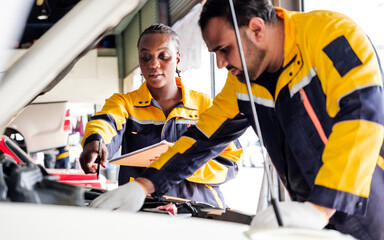 Diversity mechanic teamwork, an Indian man and an African woman in yellow and blue uniforms. A man inspects the car engine with his woman assistant. Automobile repairing service. Vehicle maintenance. - 787280565