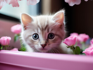 Cute little kitten with gray eyes is surrounded by pink roses.