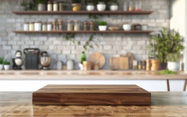 A wooden table top stands elegantly in front of a rustic brick wall