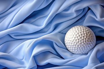 golf ball among the folds of a light blue satin fabric