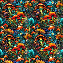 seamless pattern with magical fantastic mushrooms