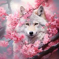 bright colorful spring poster with a white dog or wolf surrounded by blooming pink sakura branches