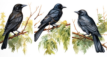 set of black crows sitting on a tree branch, watercolor illustration on a white background