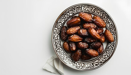 Plate with dried dates for Ramadan on white background