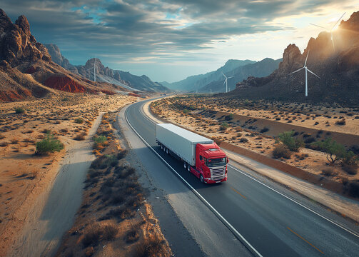 Aerial top view of a car and a hydrogen energy truck driving on a highway road in a desert