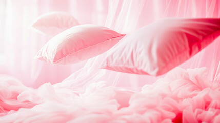 White pillows falling on a pink draped bed in a softly lit, dreamy and romantic bedroom setting.