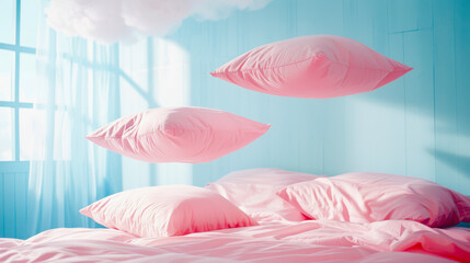 Serene bedroom with pink pillows floating above a bed, blue walls, soft lighting, and a calming, dreamlike atmosphere.