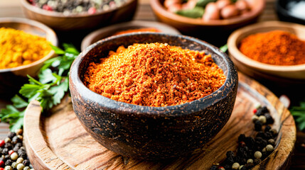 Bowl of vibrant orange spice surrounded by assorted spices and herbs on a wooden table, suggesting diverse culinary flavors.