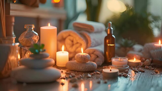 treatment composition such as Towels, candles, essential oils, Massage Stones on light wooden background. blur living room, natural creams and moisturizing Healthy lifestyle, body care
