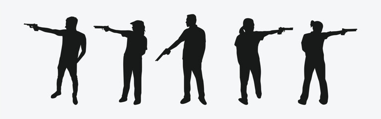 pistol shooting sport silhouette collection set. air pistol, handgun, shooting competition. vector illustration.