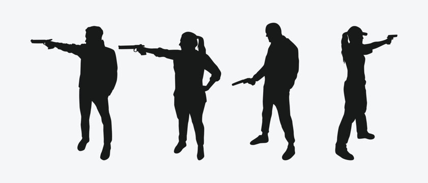 pistol shooting sport silhouette collection set. air pistol, handgun, shooting competition. vector illustration.