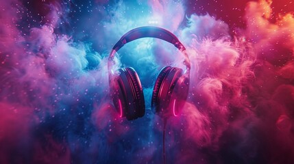 Colorful dust and smoke bursting from headphones, intense light pulses reflecting energetic music vibes at a festive party - obrazy, fototapety, plakaty