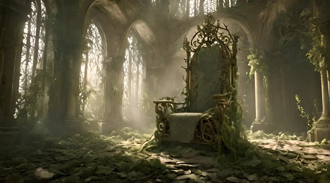 The King's Overgrown Court, A Throne Room Succumbing to the Embrace of Greenery