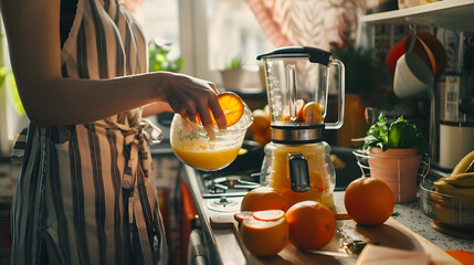 woman cut orange for mixing healthy vegetable and fruit juice in blender in kitchen with copy space...