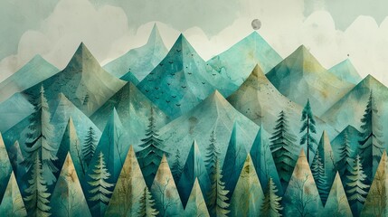 Crisp detailing in a sage green and turquoise geometric patterned forest, with mountains rising whimsically - obrazy, fototapety, plakaty