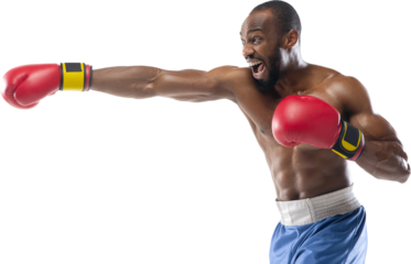 Competitive young man, African-American boxing athlete training shirtless isolated on transparent background. Concept of sport, active and healthy lifestyle, action
